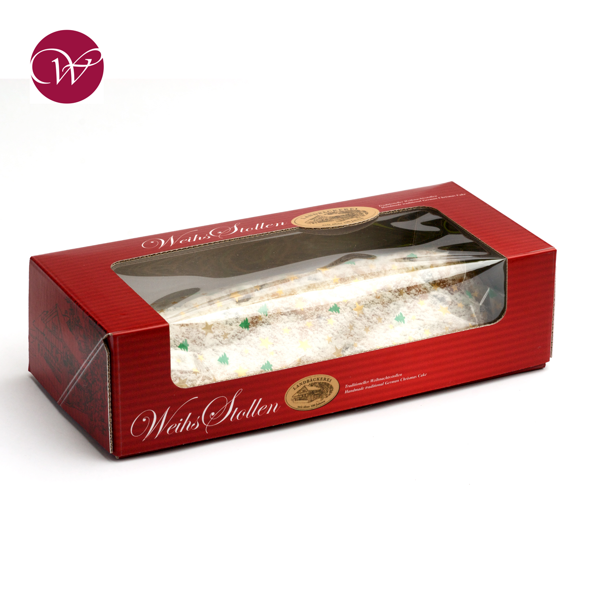 Weihnachtsstollen in roter Verpackung mit Sichtfenster
