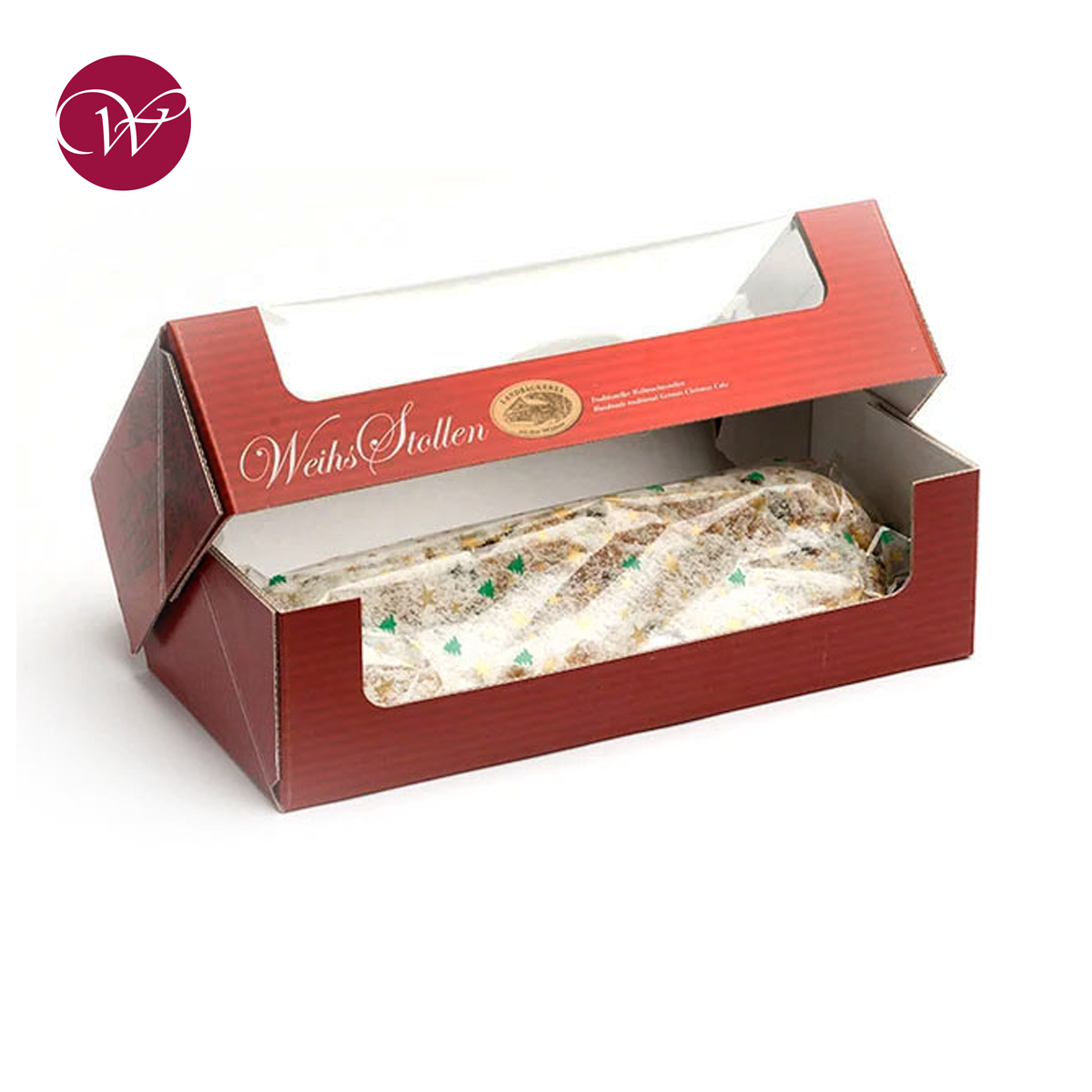 Flutstollen Ahrtal 1000g im roten Karton mit Sichtfenster