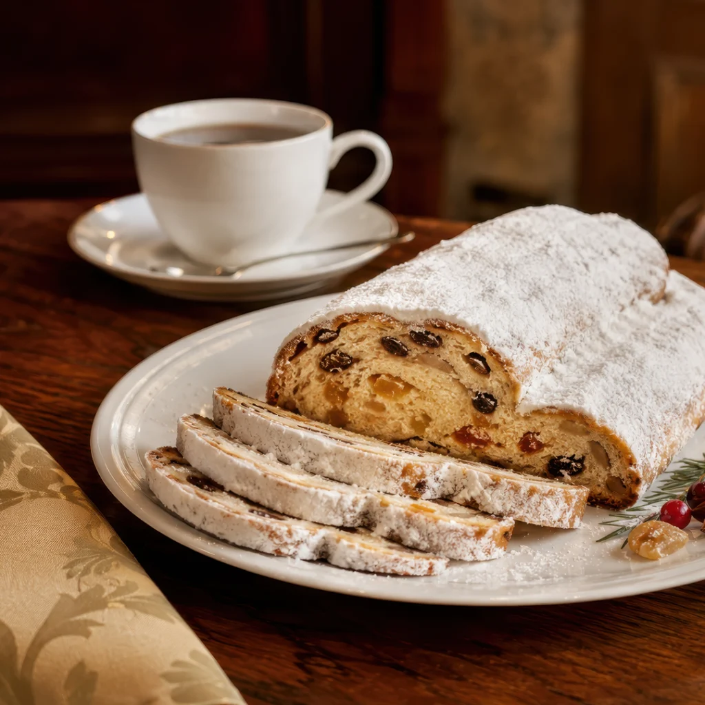 Im Hintergrund eine Tasse Kaffee, im Vordergrund ein Teller mit Christstollen.