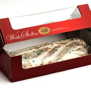 Rot bedruckter Karton mit Weihs-Logo und Sichtfenster, in dem der in Klarsichtfolie verpackte Stollen liegt.